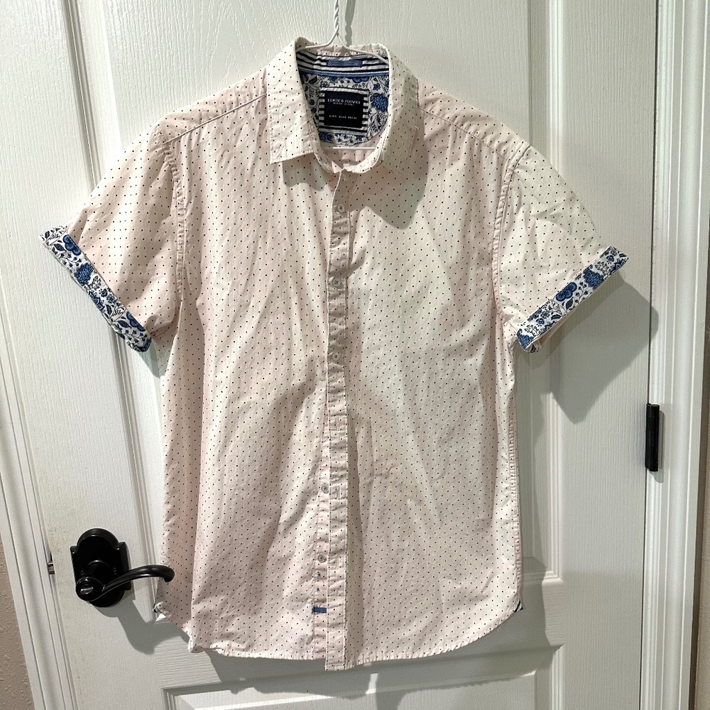 DENIM & FLOWER RICKY SINGH Pink and Blue Polka Dot Short Sleeve Button Down Top